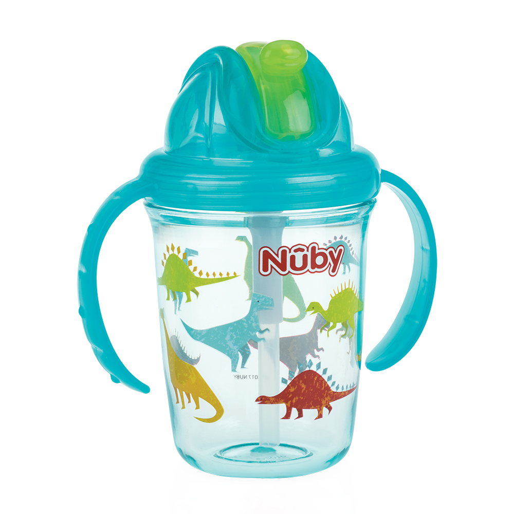 Nuby 晶透雙耳學飲杯細吸管240ml-綠(12M+)