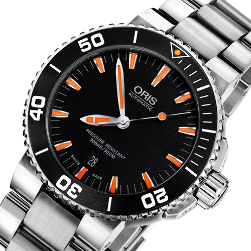 Oris Aquis 時間之海專業潛水機械腕錶-黑x橘時標/43mm
