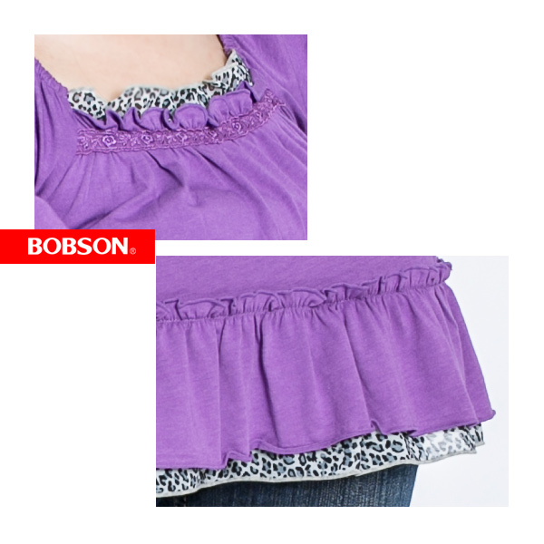 BOBSON 女款抽荷葉短袖長版上衣(紫61)