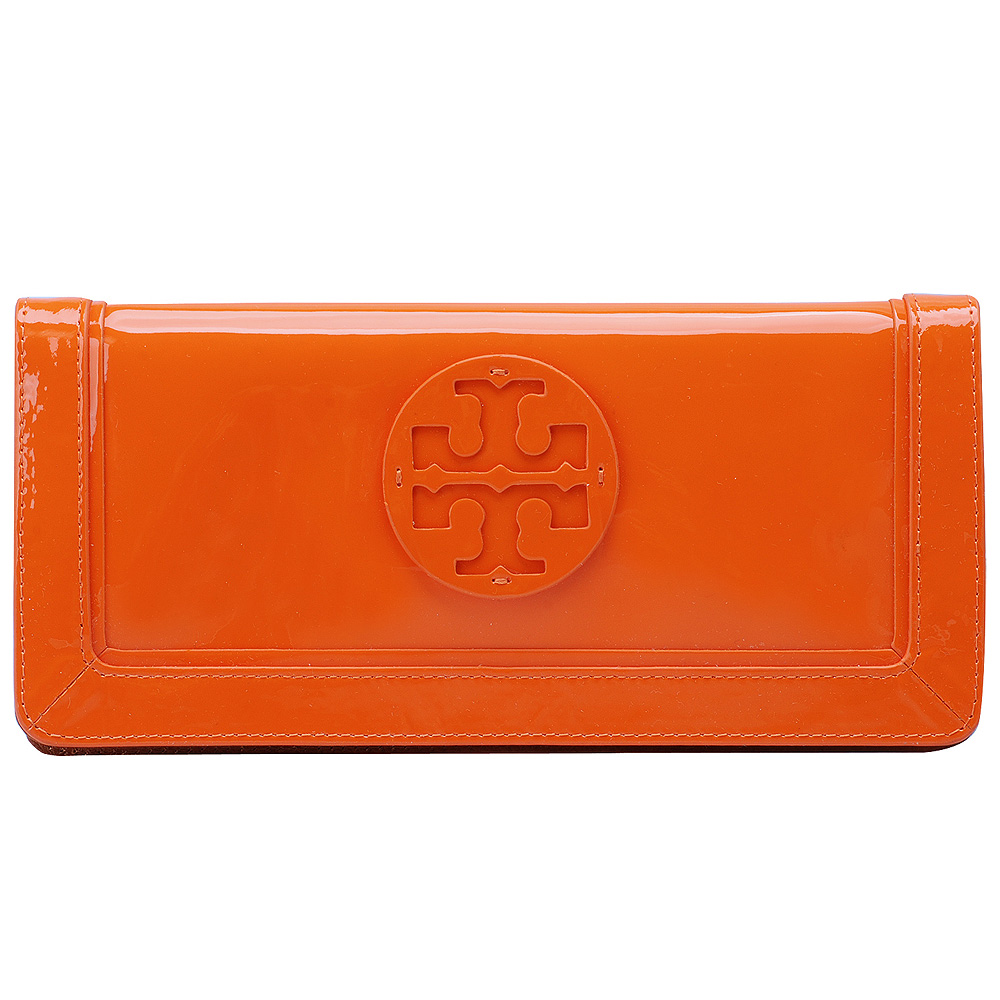 TORY BURCH Suki立體LOGO亮漆皮磁釦長夾/手拿包(鮮橘色)