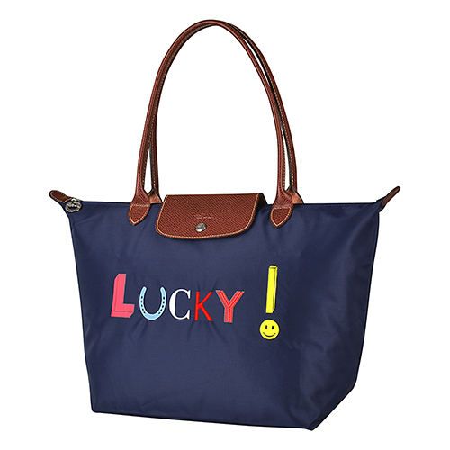 LONGCHAMP Le Pliage系列LUCKY刺繡印花尼龍長提把肩背包(大/海軍藍)