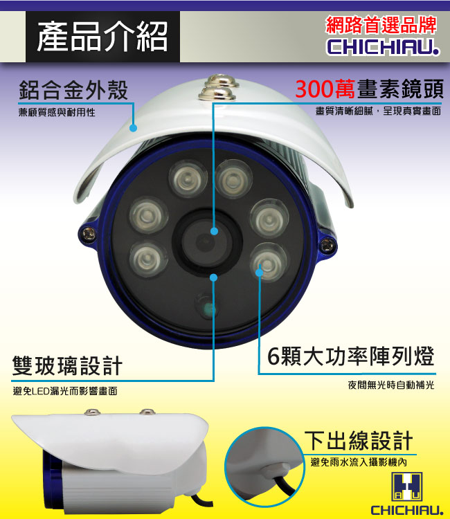 監視器攝影機 - 奇巧 AHD 720P 6陣列燈1000條雙模切換百萬畫素夜視攝影機