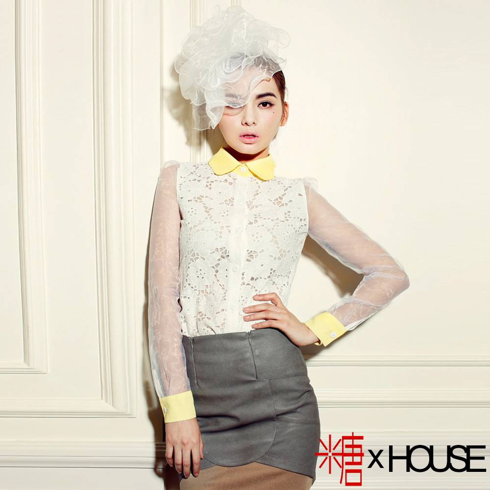 鵝黃翻領蕾絲鏤空花朵襯衫 (珍珠白)-糖 x House