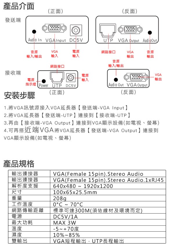 1080P VGA影音訊號延長器 利用網路線延長可達250米