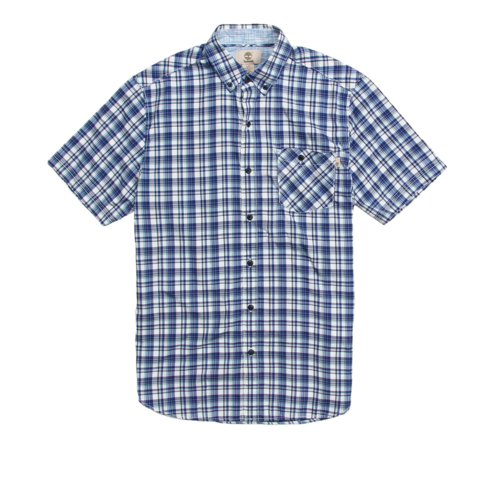 Timberland 男款藍白色格紋單口袋短袖襯衫