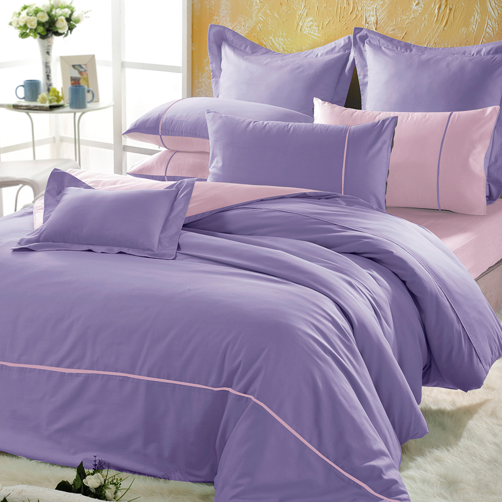 義大利La Belle 前衛混搭 加大四件式被套床包組-紫x粉