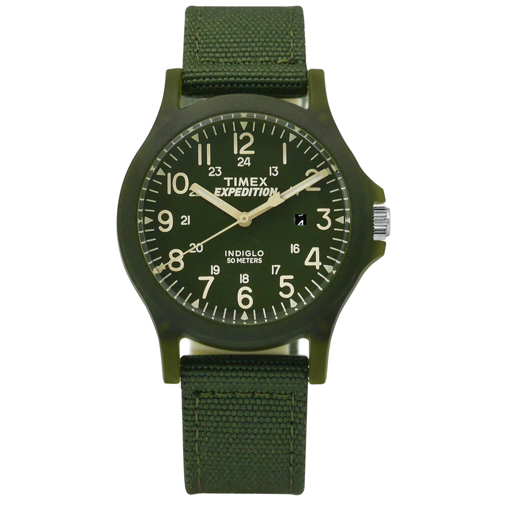 TIMEX 天美時  INDIGLO 美國指標牛仔復古帆布手錶- 墨綠色/36mm