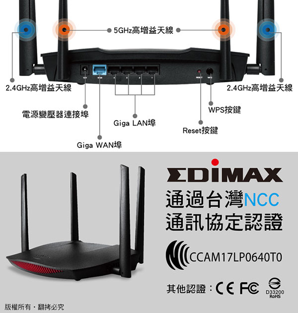 EDIMAX 訊舟RG21S AC2600 MU-MIMO 智慧漫遊無線網路分享器| 分享器