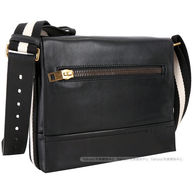 BALLY TAMRAC 牛皮黑白織帶郵差包(小/黑色)