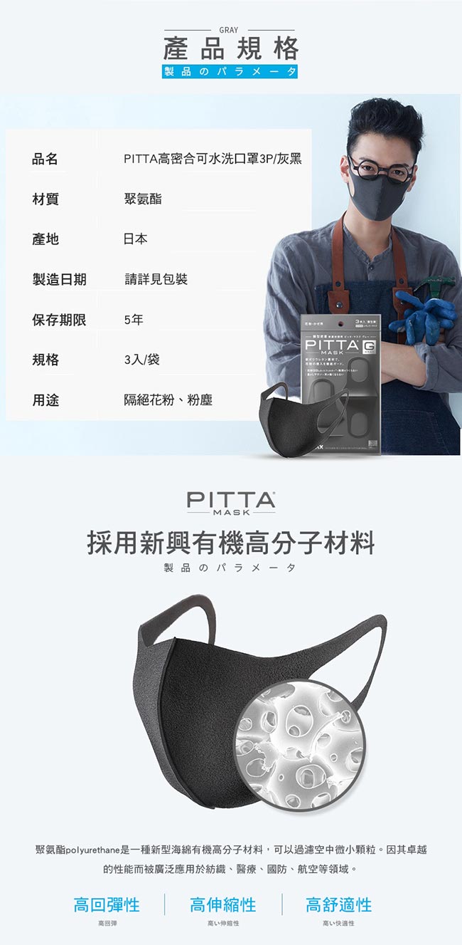 日本PITTA MASK 高密合可水洗口罩-灰黑(3片/包)