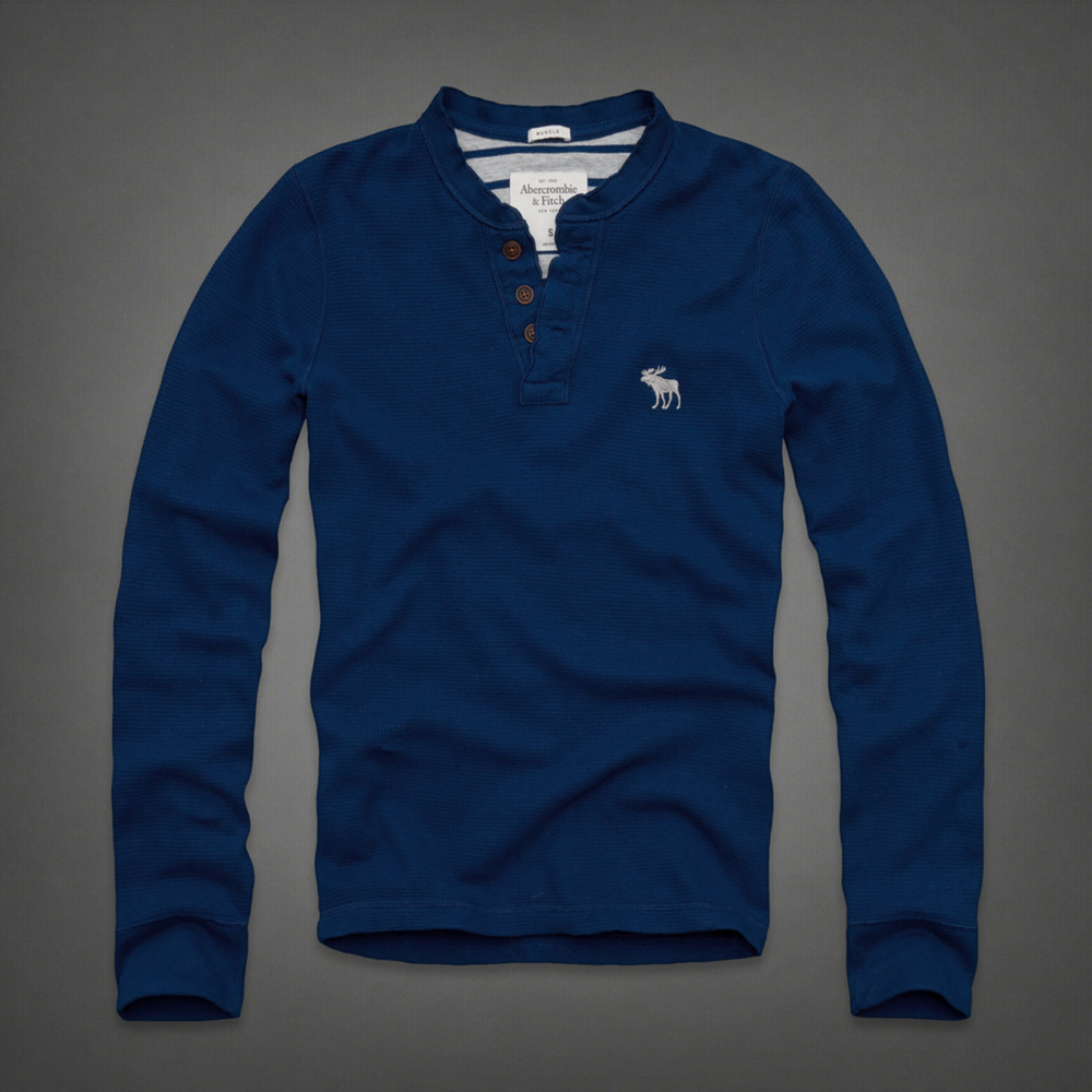 A&F 男裝 現貨  簡約風刺繡麋鹿長袖上衣(藍)
