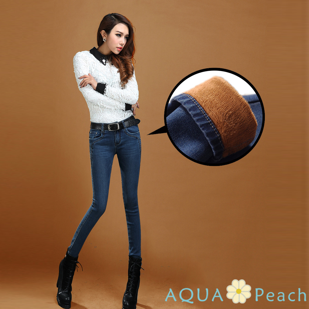 刷色設計內裡加絨牛仔褲 (深藍色)-AQUA Peach