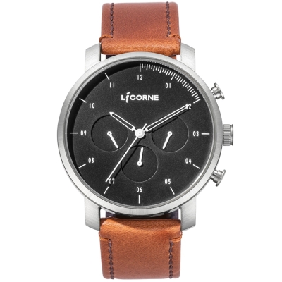 LICORNE MYO系列 精工品味三眼手錶-黑x棕色/45mm