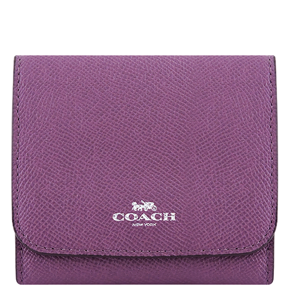 COACH 紫色防刮皮革壓釦三摺十一卡短夾