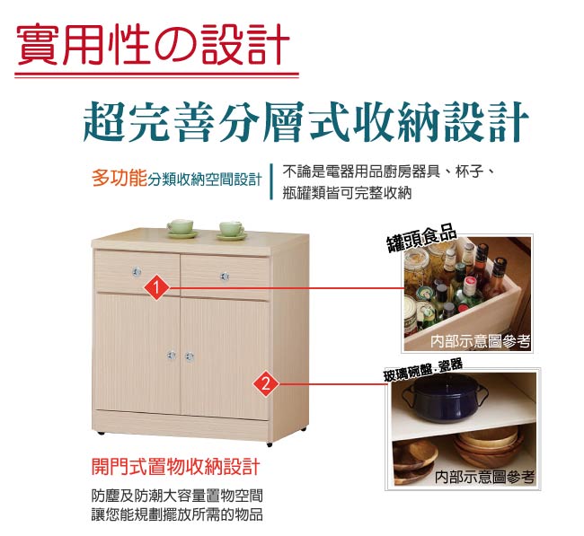 品家居 柏莎2.7尺橡木紋二門二抽餐櫃下座-80x42.5x82cm免組