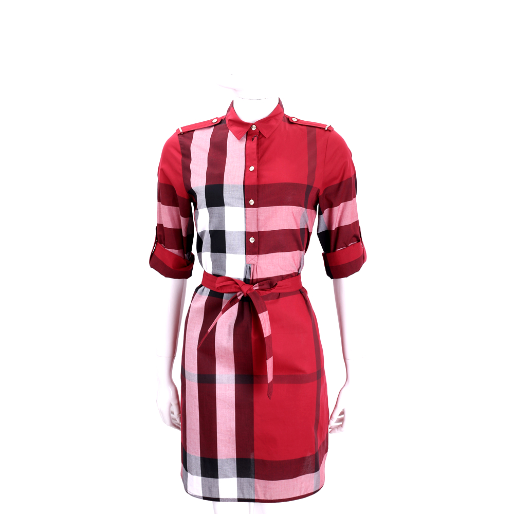 BURBERRY 紅色格紋棉質襯衫式洋裝(附腰帶)