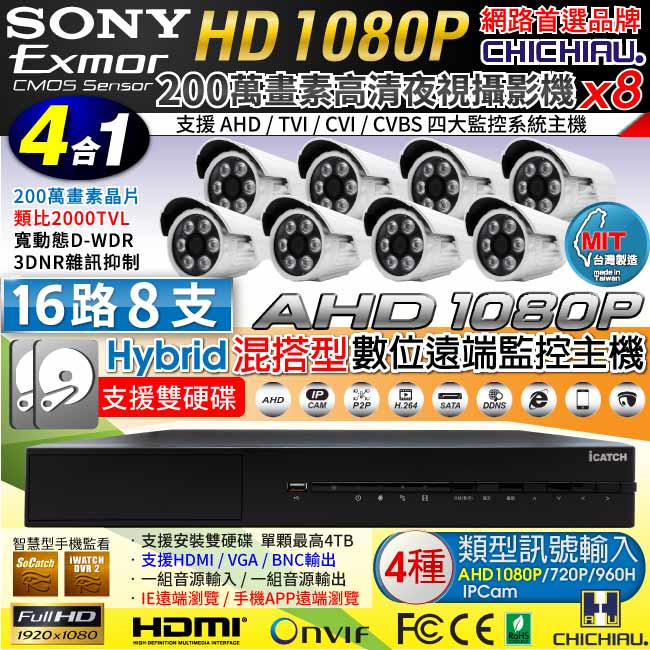 奇巧AHD1080P 16路iCATCH監控雙硬碟款主機含SONY攝影機x8