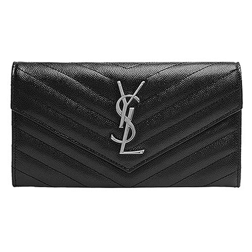 YSL MONOGRAM系列V字縫線魚子醬牛皮金屬LOGO銀釦手拿長夾(黑)