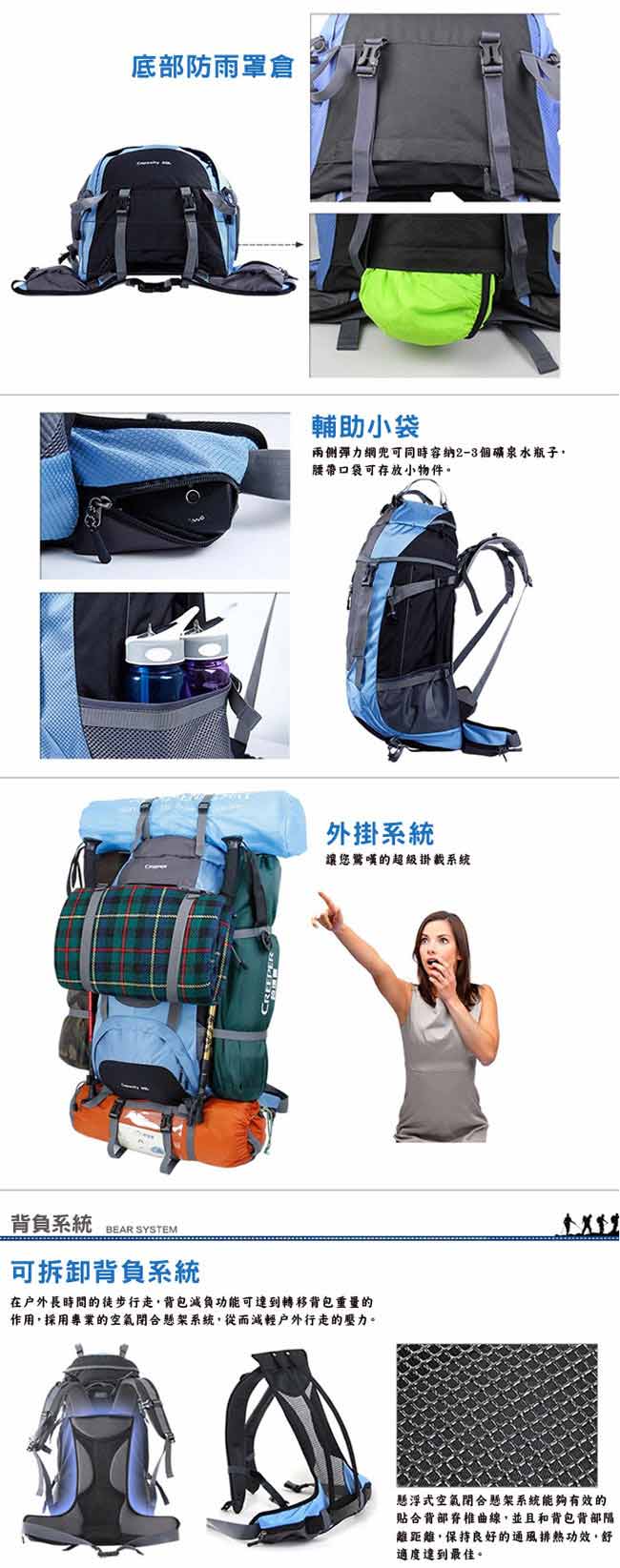 PUSH!登山戶外用品60L專業型登山背包自助旅行背包雙肩背包贈防雨罩