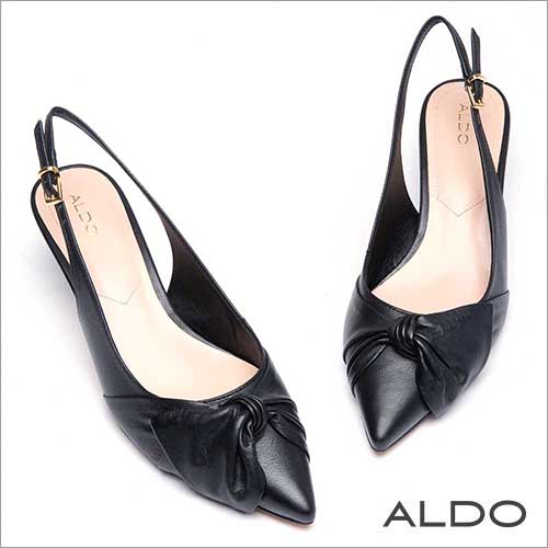 ALDO 原色真皮鞋面蝴蝶扭結金屬釦帶尖頭細跟鞋~尊爵黑色