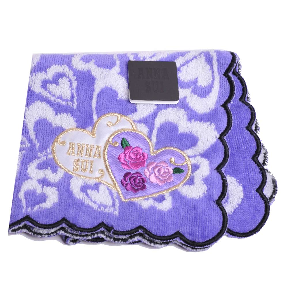 ANNA SUI 可愛繽紛愛心圖騰LOGO刺繡小方巾(紫色)