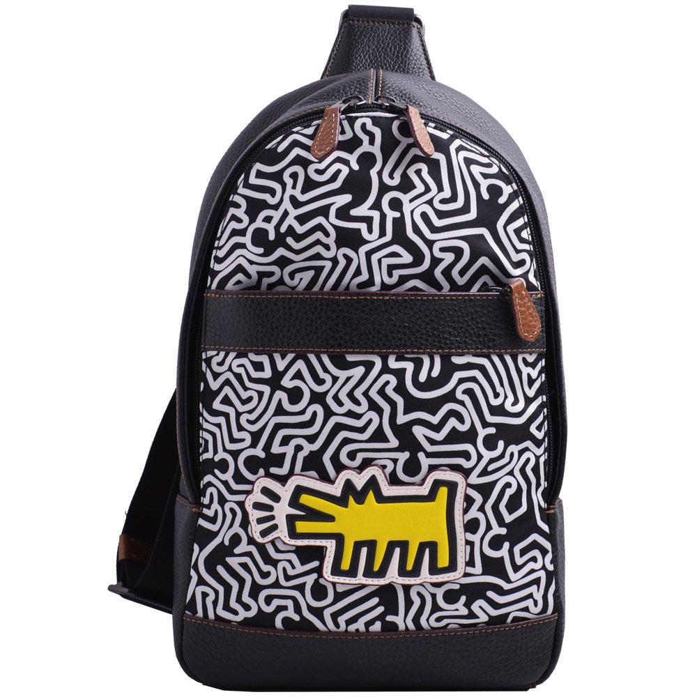 COACH  Keith Haring 吠叫黃狗人形塗鴉尼龍拼接真皮單肩後背/斜背包-黑