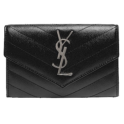 YSL MONOGRAM系列V字縫線魚子醬牛皮銀色金屬LOGO暗釦零錢包(黑)