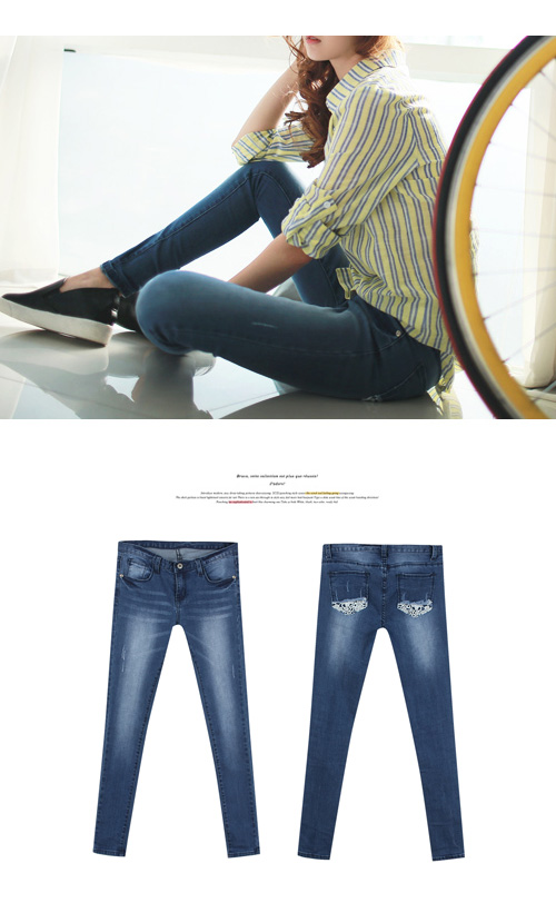 針織花紋拼接口袋牛仔褲 (藍色)-Seoul Holic