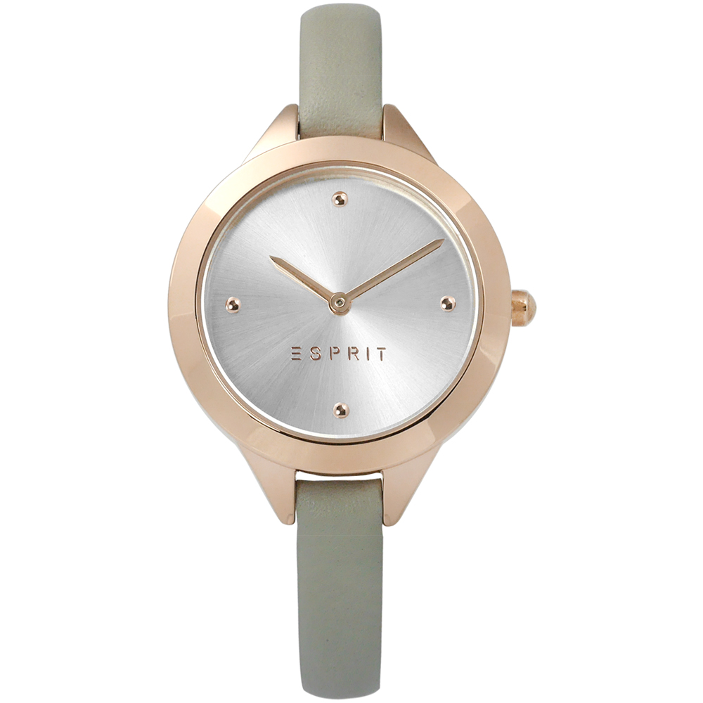 ESPRIT 簡約典雅圓珠細緻真皮女錶-銀x玫瑰金框x灰/32mm