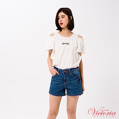 Victoria 挖肩設計荷葉波浪短袖T-女-白色