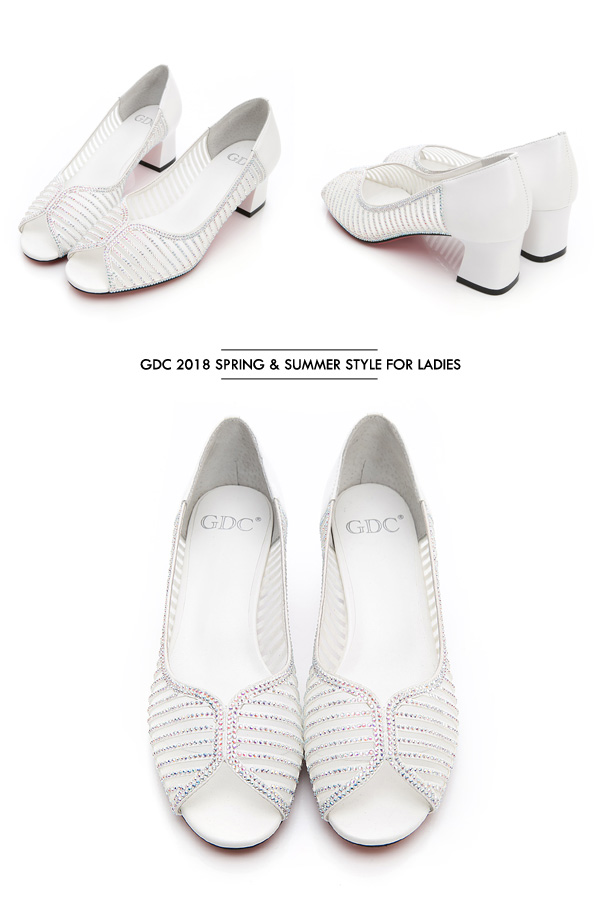 GDC-真皮鑲鑽簍空魚口粗跟鞋-白色