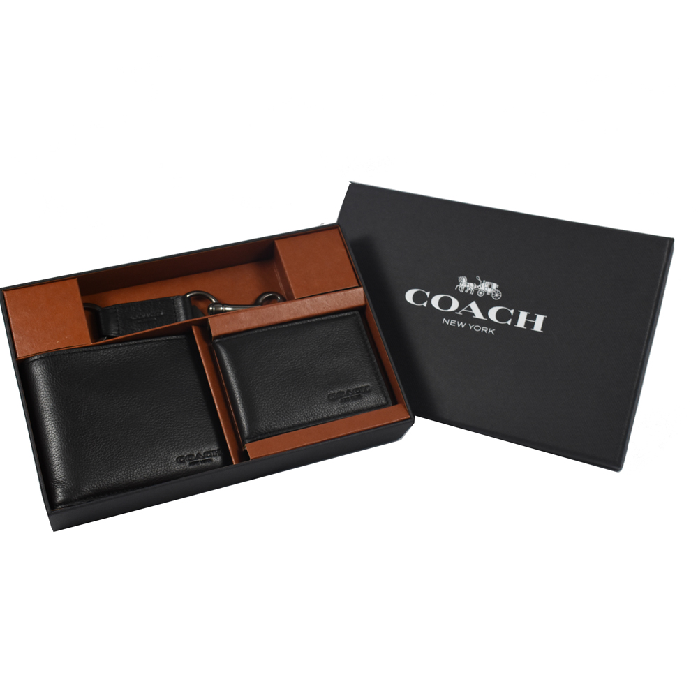 COACH LOGO牛皮附卡片夾層八卡短夾禮盒組(黑)