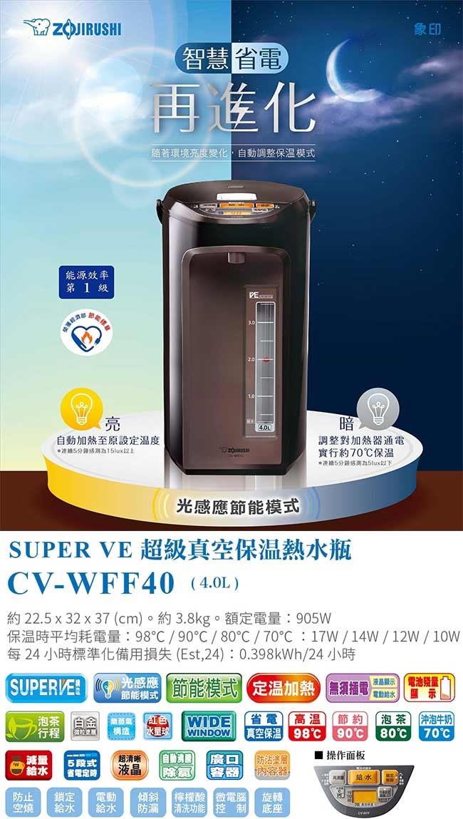 象印4公升 SuperVE真空省電微電腦電動熱水瓶CV-WFF40