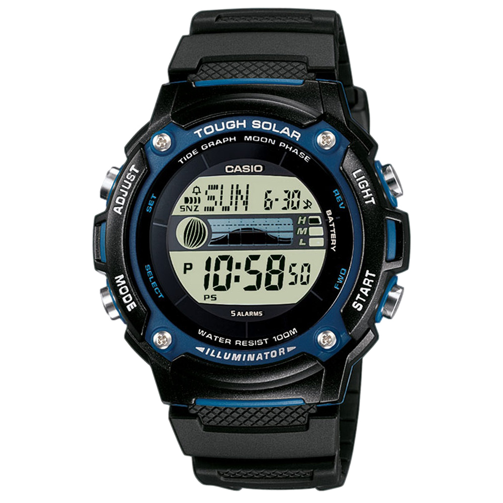 CASIO 太陽能月齡潮汐全方位運動膠帶數位錶(W-S210H-1A)-44mm