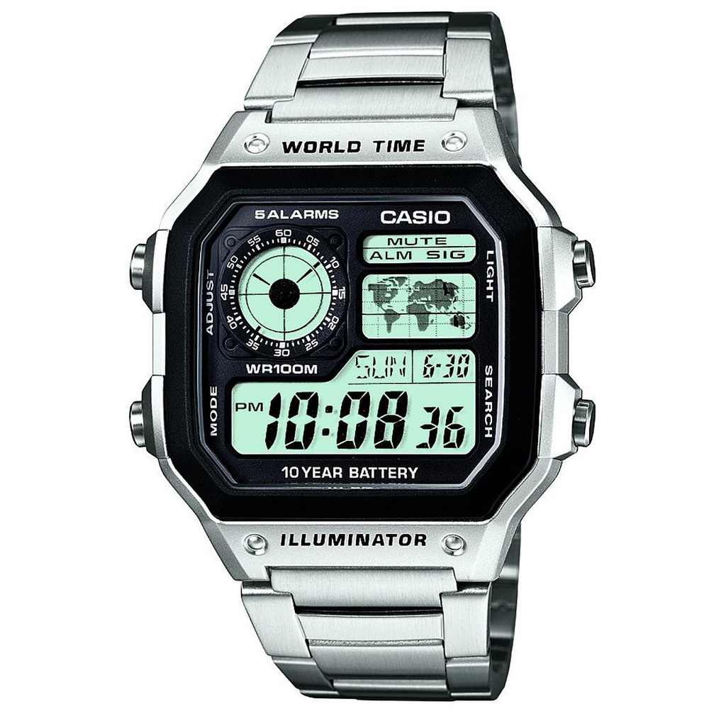 CASIO 世界地圖十年電力不鏽鋼數位錶(AE-1200WD-1A)/42mm