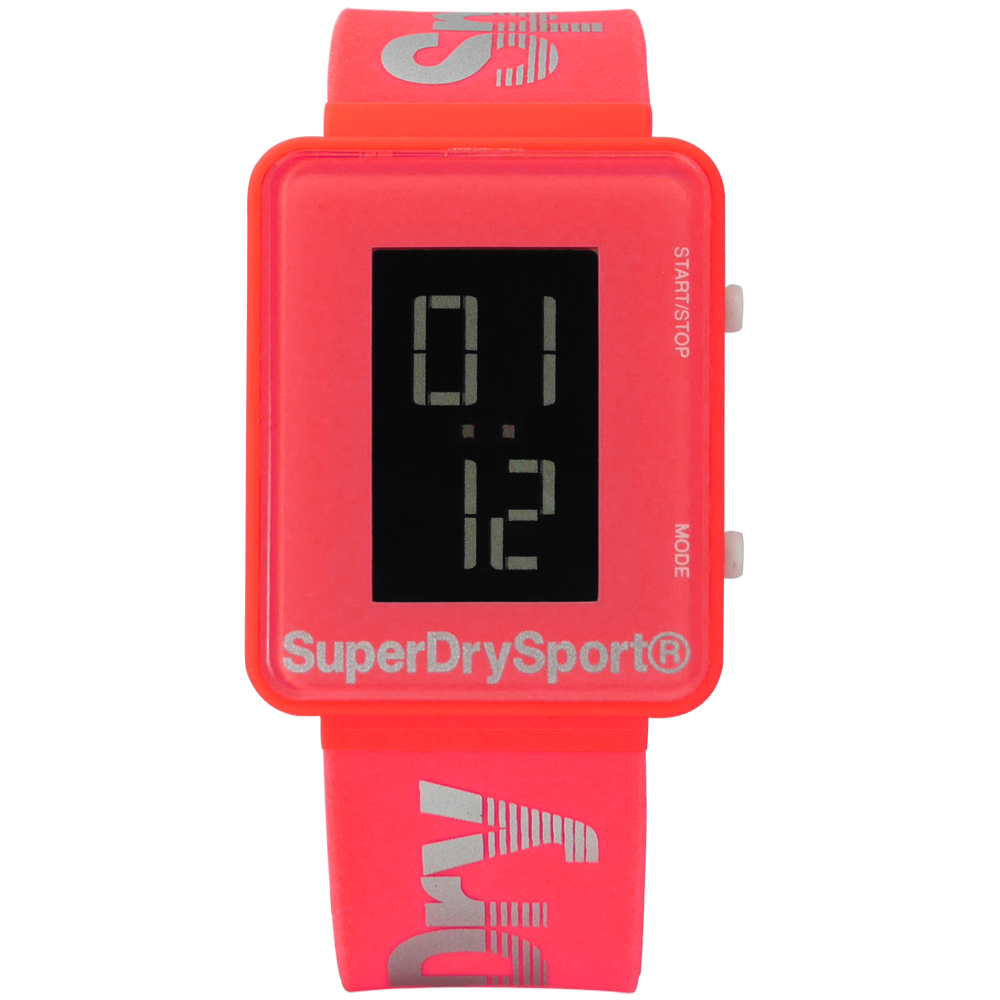 Superdry 方型電子液晶雙色運動矽膠手錶-螢光橘紅色/32mm