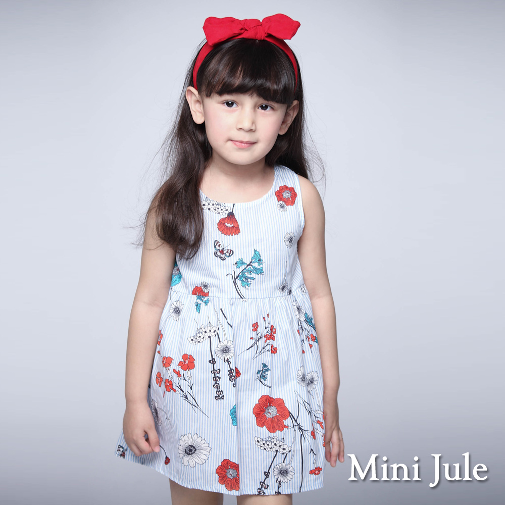 Mini Jule 童裝-洋裝 彩花直條紋後拉鍊背心洋裝(藍)