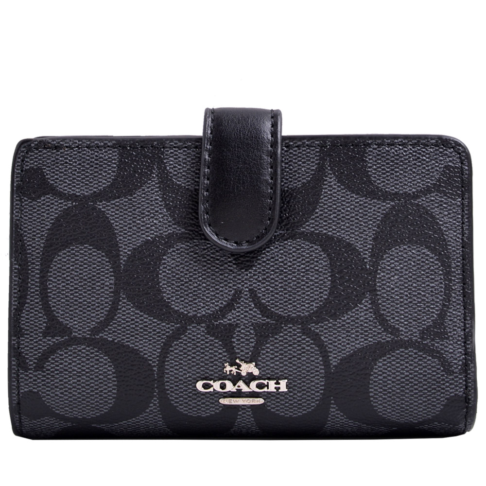 COACH 立體馬車LOGO滿版防刮皮革中夾-黑灰