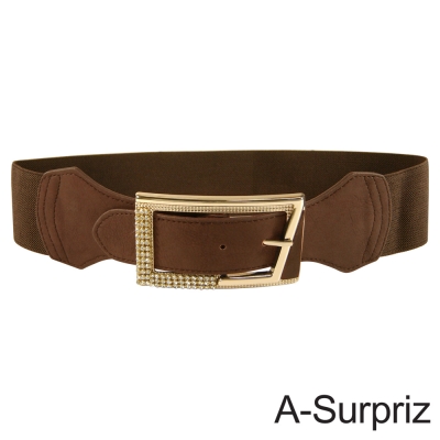 A-Surpriz  長方形晶鑽扣頭彈性腰帶(淺咖)