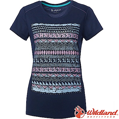 Wildland 荒野 0A61607-72深藍色 女彈性棉感抗UV印花上衣