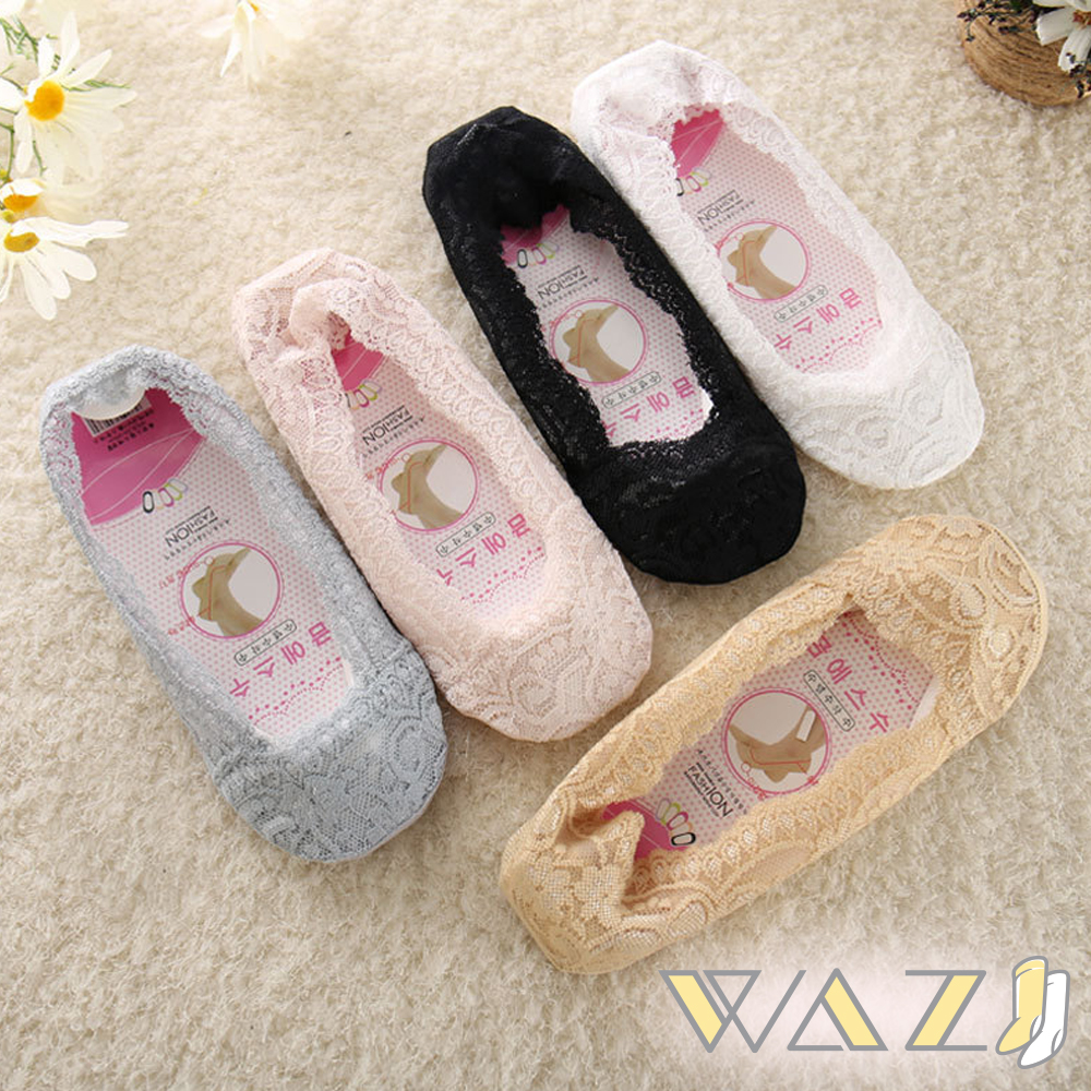 Wazi-純色蕾絲防滑船襪隱形襪 (1組五入)