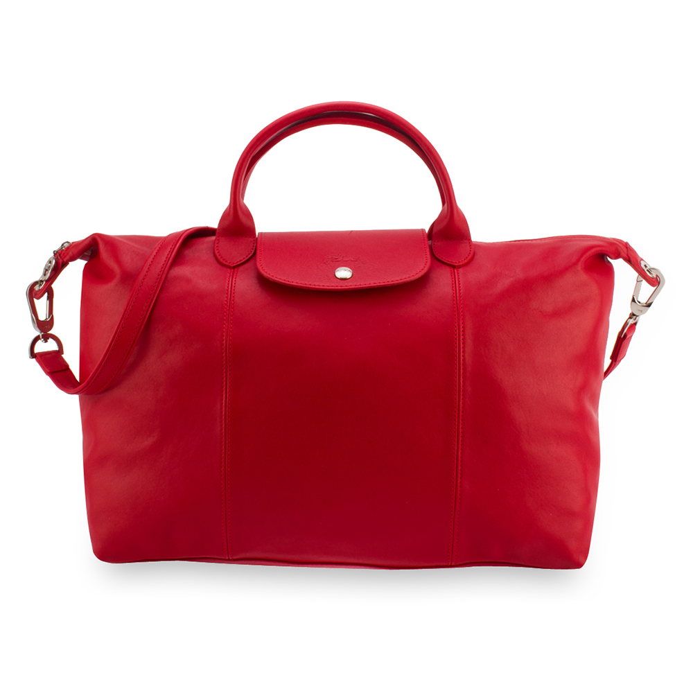 Longchamp Le Pliage Cuir小羊皮短把折疊大型水餃包-紅色