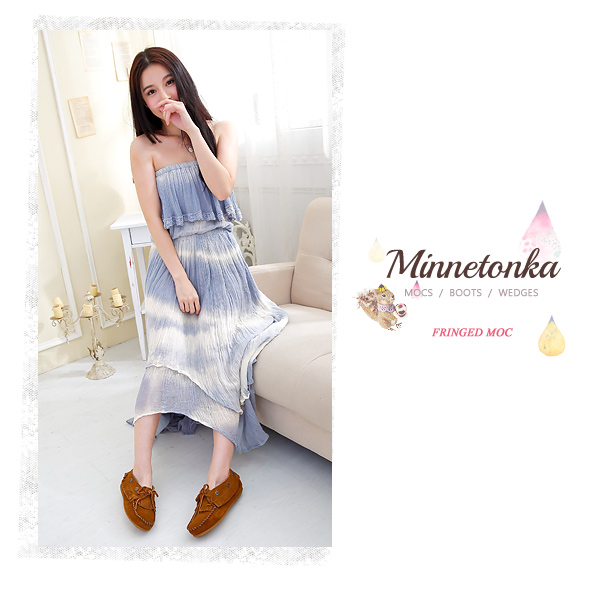 MINNETONKA 個性棕色麂皮流蘇鉚釘短靴 女鞋 (展示品)