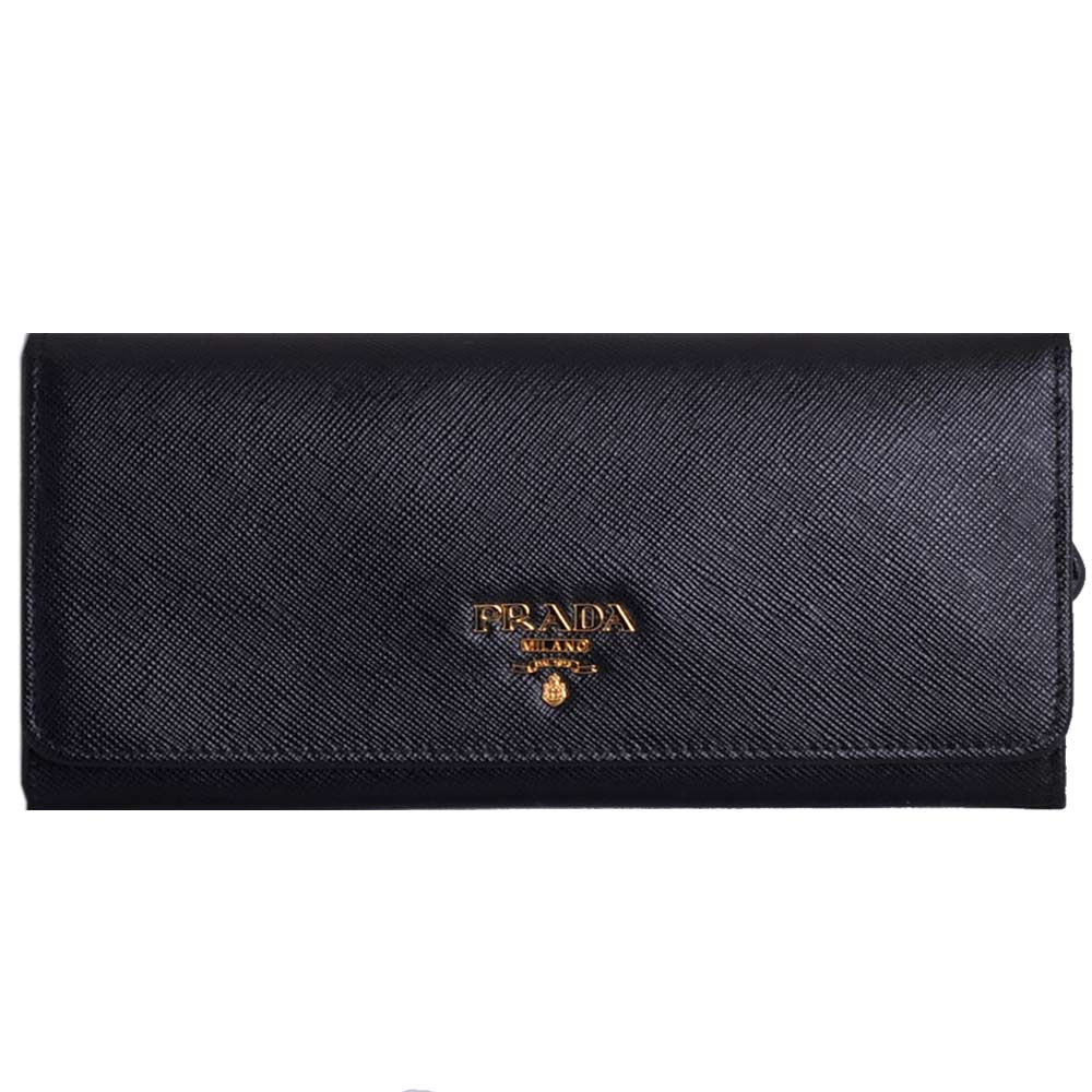 PRADA SAFFIANO MATEL LOGO 防刮皮革釦式拉鍊機能長夾(黑)