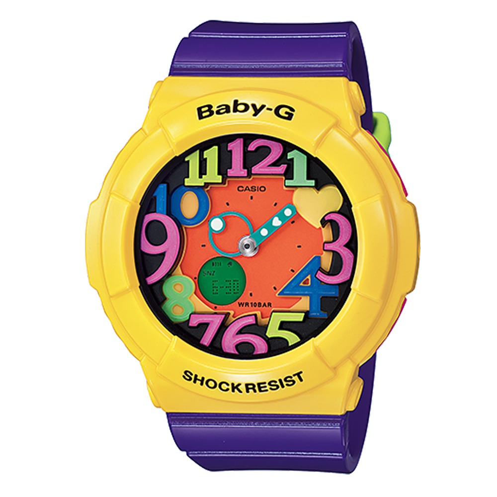 BABY-G 復古繽紛色調立體時刻休閒運動錶(BGA-131-9B)-黃X紫/43.1mm