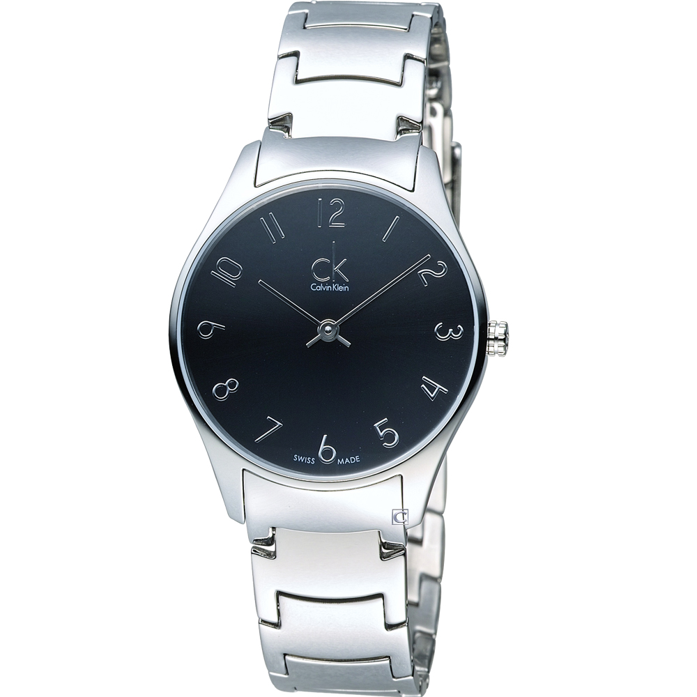 CK Calvin Klein Classic 簡約經典時尚腕錶-黑/鋼鍊數字標/32mm
