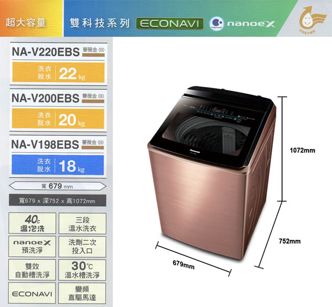 Panasonic國際牌 20KG 變頻直立式洗衣機 NA-V200EBS-B 薔薇金