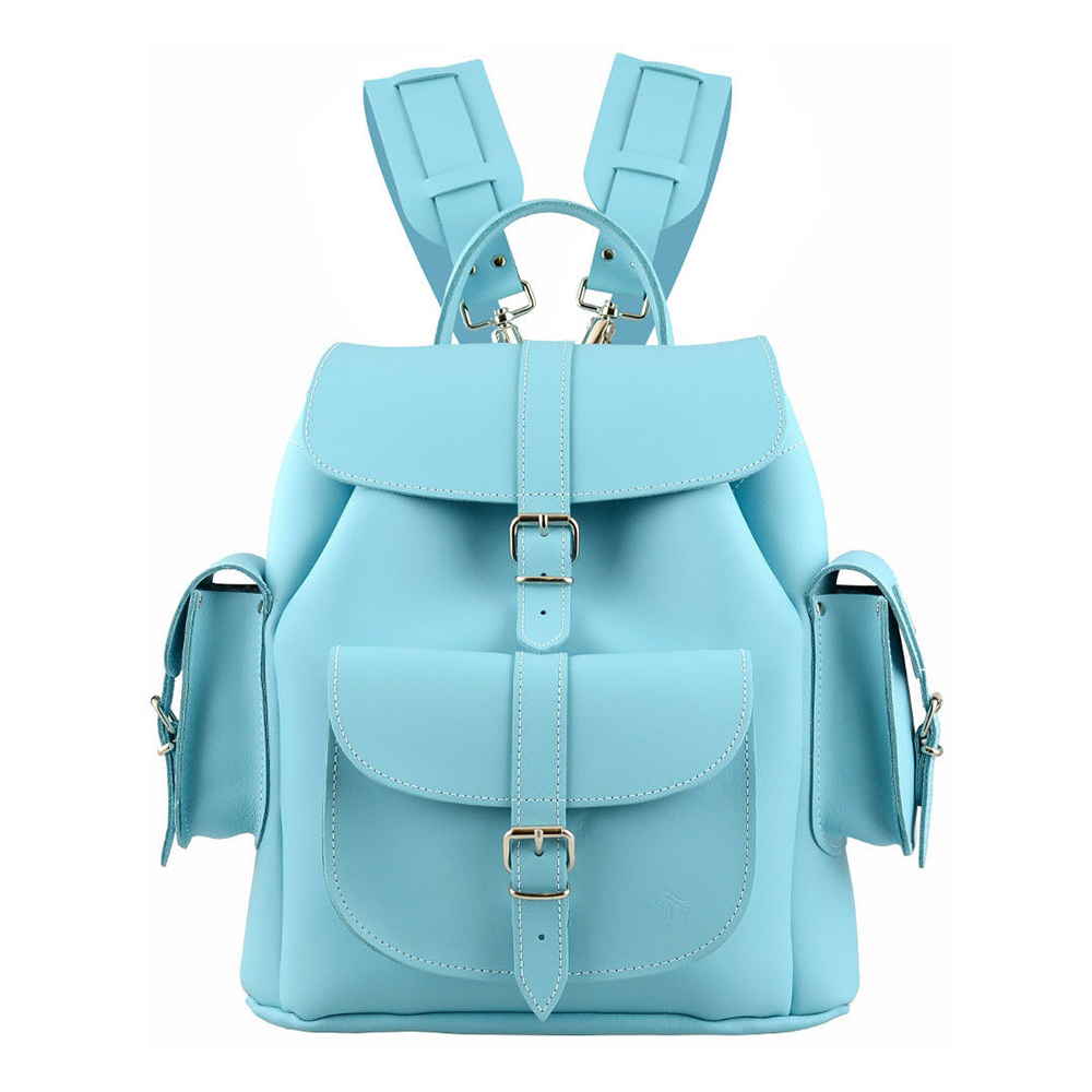GRAFEA英國品牌 淺藍色皮革手工真皮側邊雙口袋後背包兔子包