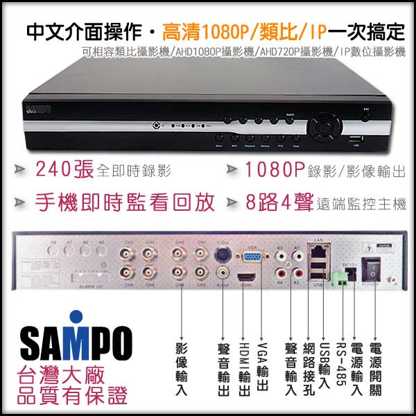 監視器攝影機組 - KINGNET 聲寶 SAMPO AHD 8路主機套餐+8台監視器攝影