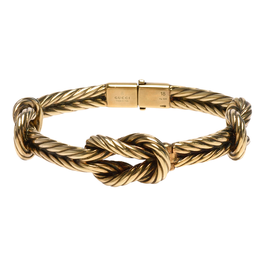 GUCCI 925純銀復古黃銅色繩結造型壓釦金屬手鐲/手環